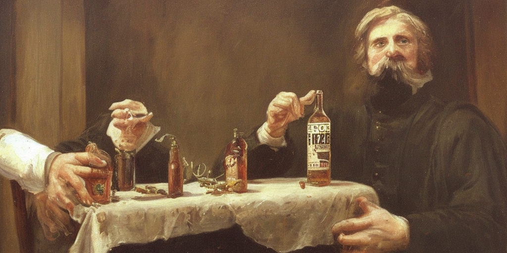 a painting of Friedrich, old drinking and barrier buddy, what's hanging over your head? Is this perhaps the holy ketchup bottle that, in view of your holy fight for the animal packed in your own intestine, will soon pour over you and leave a crusty, fat circle on your incipient baldness for all future times. So that every initiate will recognize at first glance how great your commitment to our freedom is.