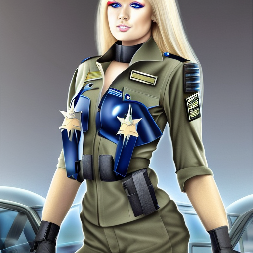 Blonde hot and sexy blue eyes girl wearing futuristic military uniform, full body in shape, highly detailed 