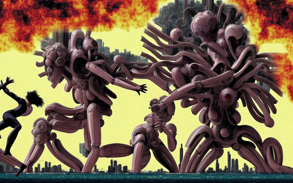 renaissance style image of a giant manga monster attacking ghost in the shell city that is on fire