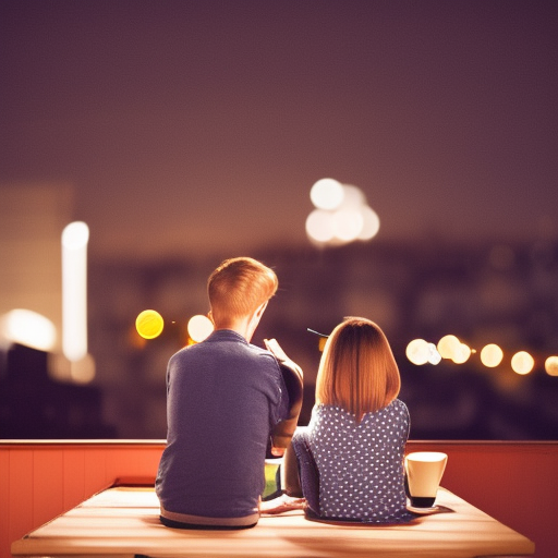 Boy and girl sitting on a rooftop terrace at night and girl with a coffee mug in her hand ultra-realistic portrait cinematic lighting 80mm lens, 8k, photography bokeh