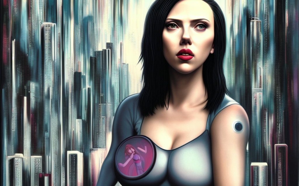 scarlett johansson character from ghost in the shell as a mark ryden painting with city background
