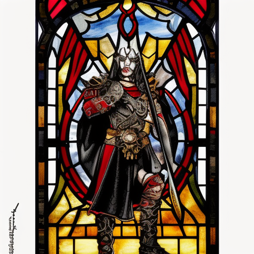 a young evil satanic triumphant gladiator with a sword, Warhammer fantasy, intricate stained glass, black and red, gold and blue, grim-dark, detailed, gritty