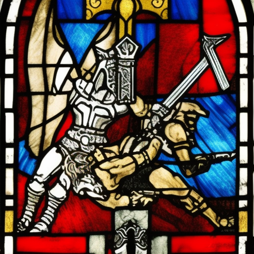 dark medieval, triumphant young evil gladiator beating good gladiator with sword and shield, evil, Warhammer fantasy, stained glass, black and red, gold and blue, grim-dark, gritty