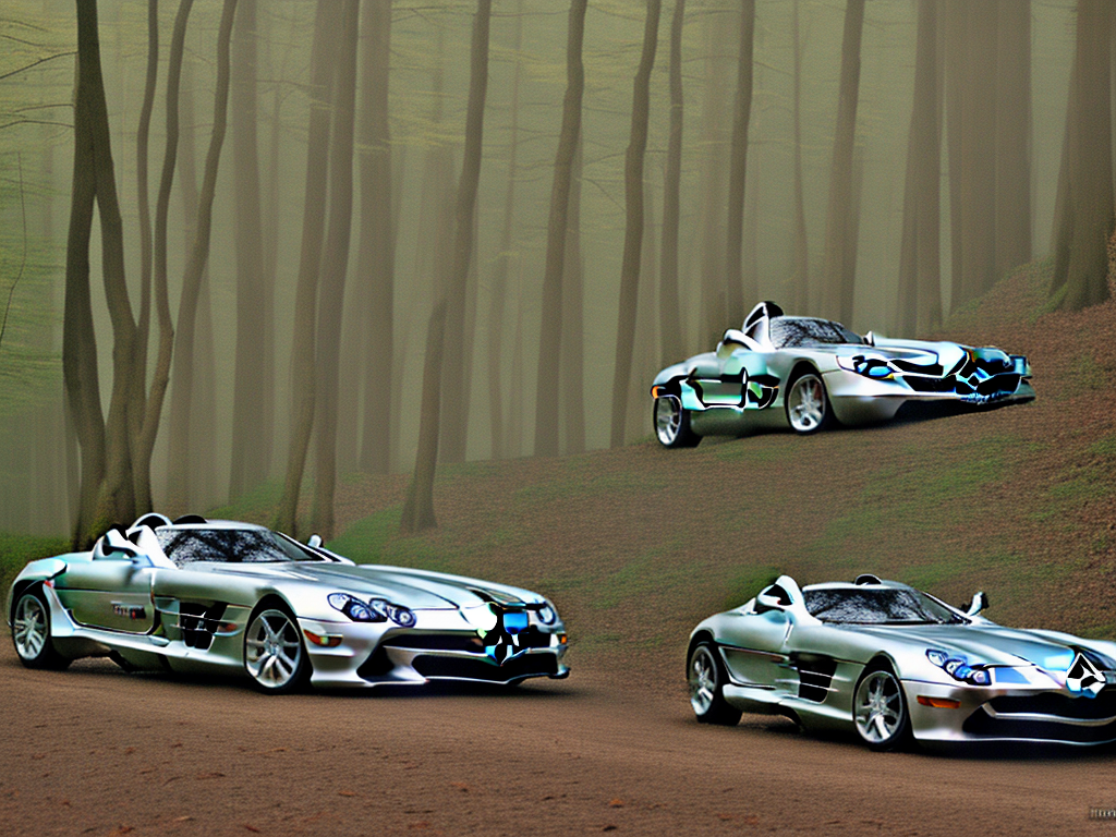 Mercedes-Benz SLR McLaren, car, driving through forest, natural lighting