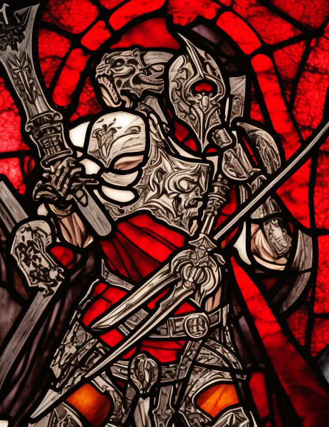 stained glass, a young aggressive evil satanic gladiator with a big demonic sword, hellfire on a background, Warhammer fantasy, black and red, grim-dark, detailed