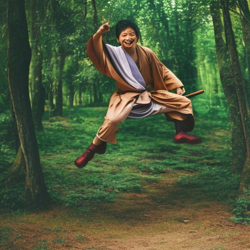very detailed asian jedi jumping through forest