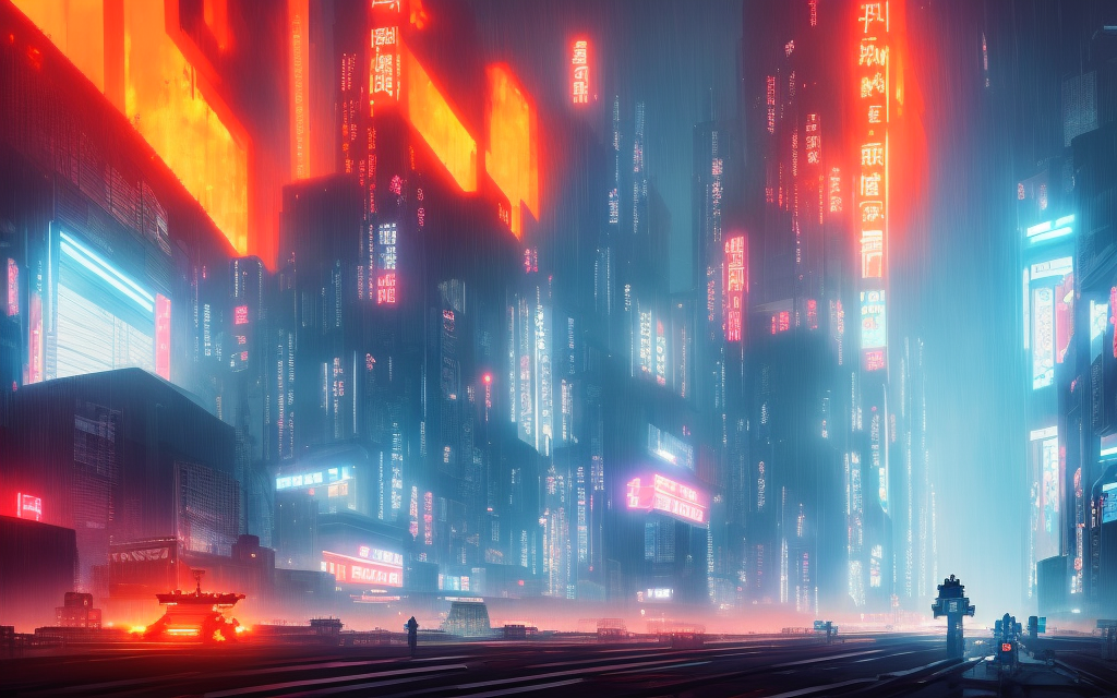 realistic blade runner tower city on fire, orange battle mech firing missiles, neon japanese billboards, cloud sky

