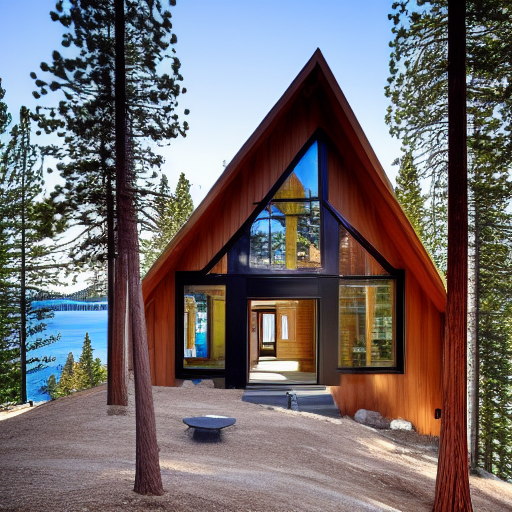 a modern lake tahoe cabin with a pitched roof and glass windows