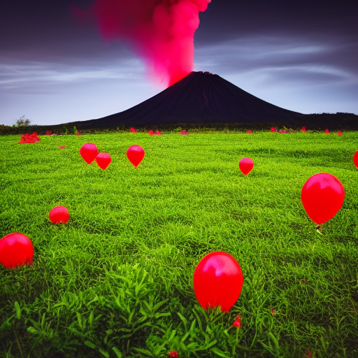 volcano in a green field, lot of balloons, red flowers