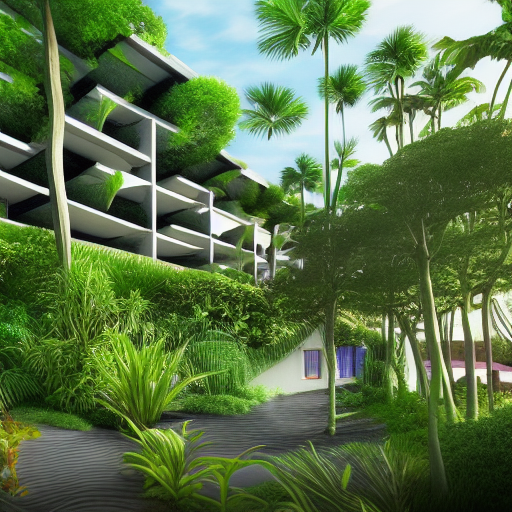 bioclimatic biomimicry architecture with greens, in tropical beach, malay kampung house realistic, artstation.