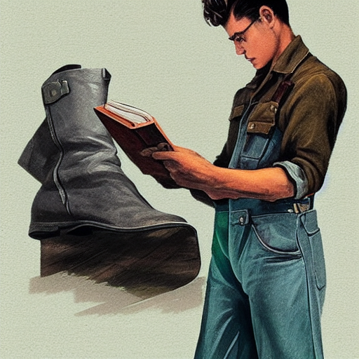 a highly detailed epic cinematic concept art CG render digital painting artwork costume design: young James Dean as a well-kept neat mechanic in 1950s USSR green dungarees and big boots, reading a book. By Greg Rutkowski, Ilya Kuvshinov, WLOP, Stanley Artgerm Lau, Ruan Jia and Fenghua Zhong, trending on ArtStation, subtle muted cinematic colors, made in Maya, Blender and Photoshop, octane render, excellent composition, cinematic atmosphere, dynamic dramatic cinematic lighting, aesthetic, very inspirational, arthouse
