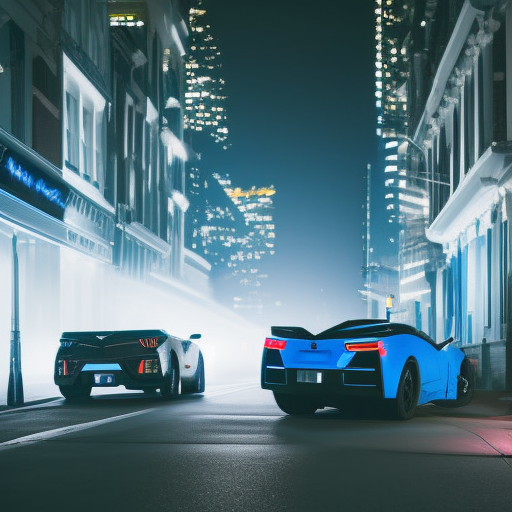 dutch angle photo silhouette of a 2022 C8 Corvette coupe rapid blue color with the car lights piercing the dense fog, low light, dark mode, city street close up