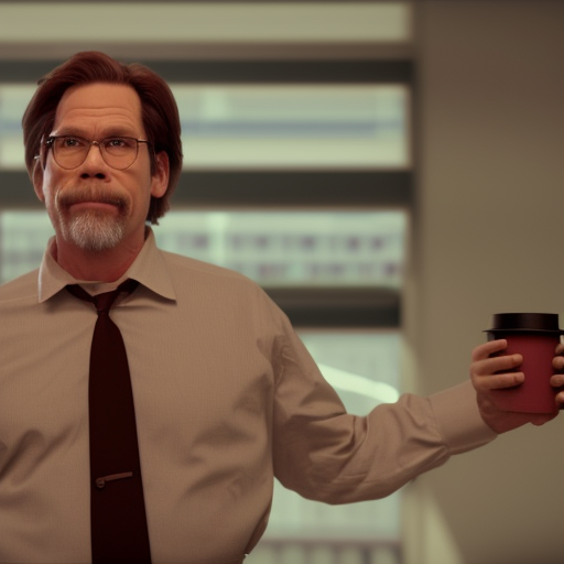 Gary Cole dressed as Bill Lumbergh of office space holding a coffee cup pixar artstyle, wide shot, dramatic lighting, octane render, hyperrealistic, high quality, HD, cinematic
