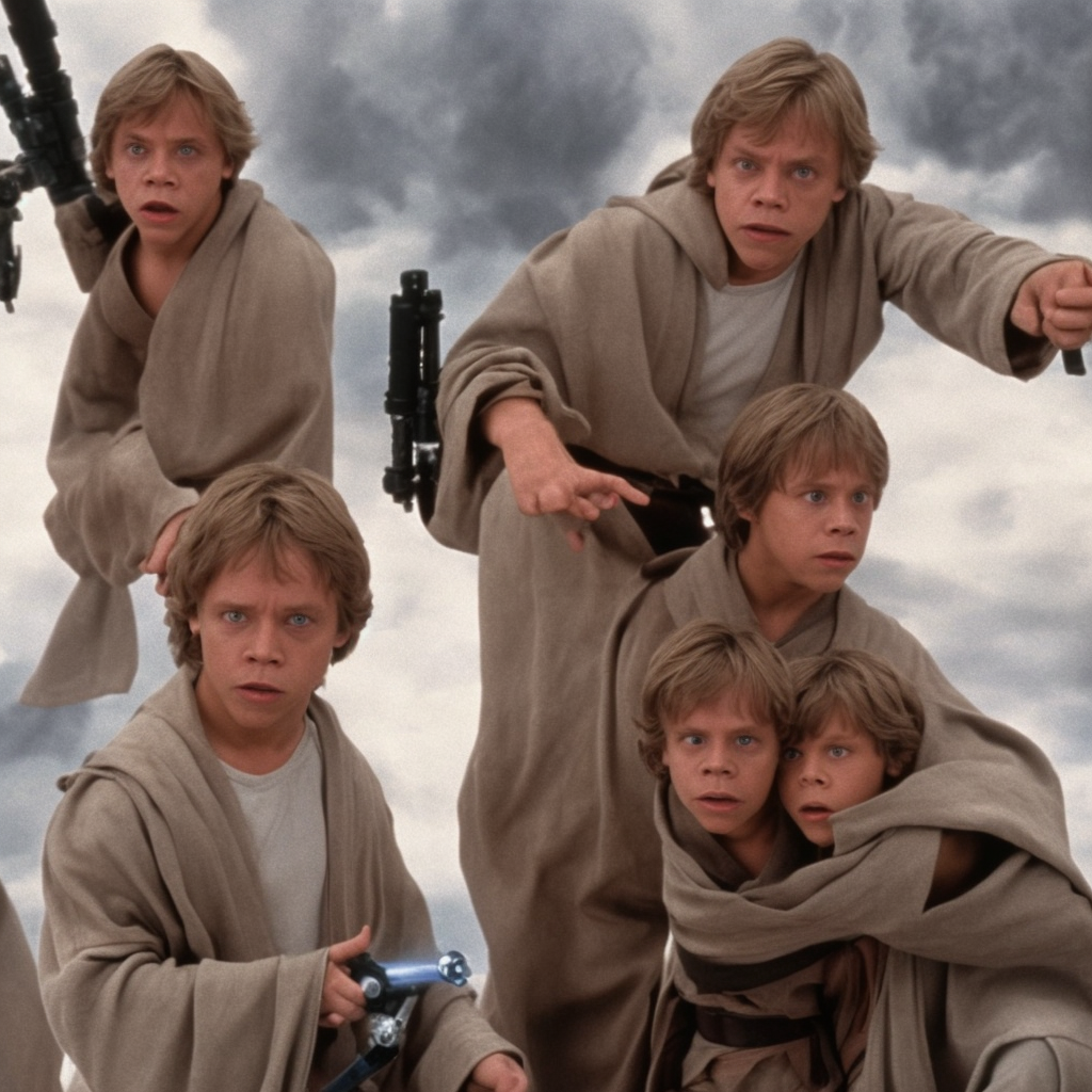 A still of Mark Hamill as Jedi Master Luke Skywalker on the right and a young Jedi student on the left, in a Star Wars Sequel, 1990, Directed by Steven Spielberg, 35mm