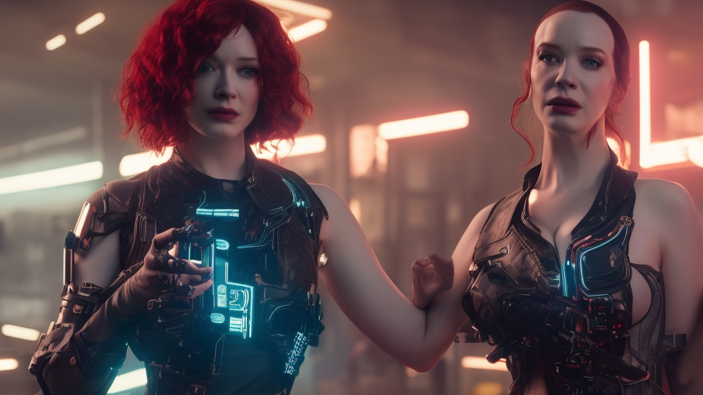 filmstill christina hendricks cyberpunk 2 0 7 7, 1 0 0 mm lens, canon eos, red cinema camera, frontal view, dynamic pose, intricate, elegant, highly detailed, centered, redshift, octane, smooth, sharp focus, zeiss lens,