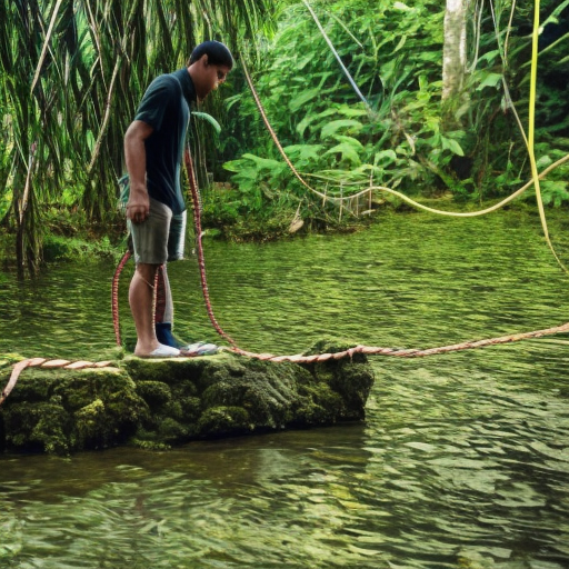 man wearing dark green rope standing on a fish in jungle