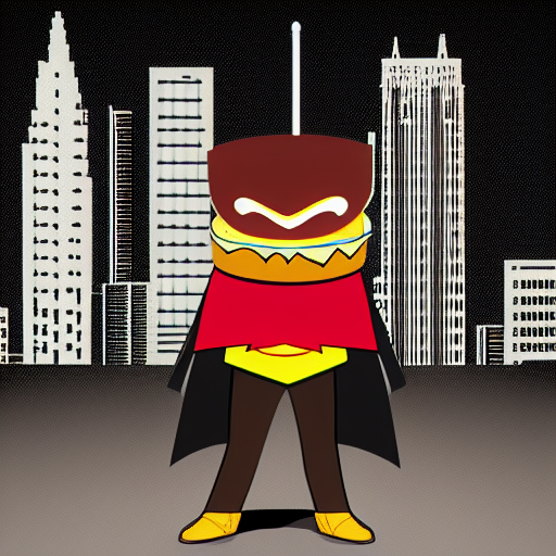 a cheeseburger superhero wearing a cape, cityscape in the background