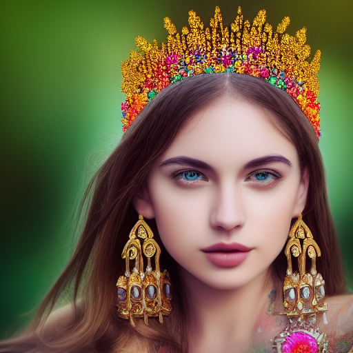 a close up of beautiful girl wearing a crown wearing and golden jewellery surrounded by colourful intricate patterns,, intricate painting, hyper realistic, extremely detailed and beautiful aesthetic face, 8 k resolution ultra-realistic potrait cinematic lighting 80mm lens, 8k, photography