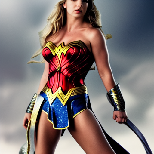 A wide angle shot of britney spears as Wonder Woman from Justice League movie  with headband and armor, stunning photorealistic image, 200mm F/2.0