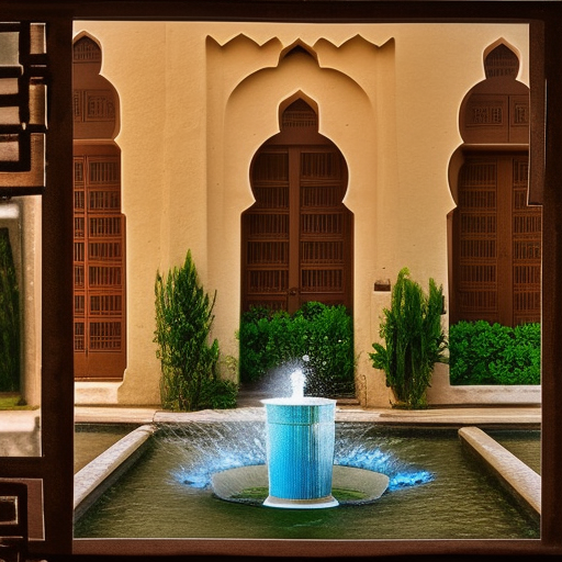 Arabic house with fountain, Looking through two columns and an arc shows half of them and the rest is out of the picture, fujifilm colors, detailed picture, brownish lights, coffee color, cinematic, cinematic lightning, 300 dpi, 8k, 1:2, --v 4