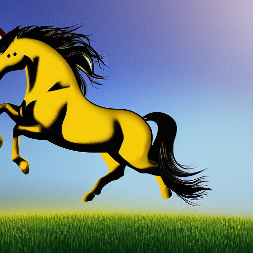 yellow unicorn with gold and silver jumping over blue grass