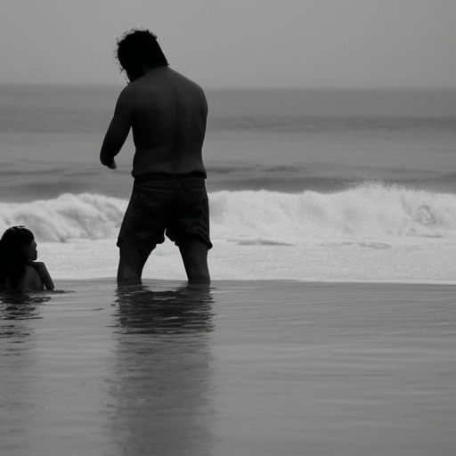 a man, holds his daughter by the head in the sea. behind one can see, of the man arrived by the beach. Surely to kill them