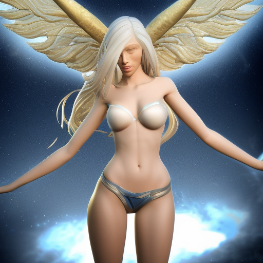 Sexy blonde and pale angel with enormous golden wings with blue eyes and long hair holding a bright star on her hand, unreal engine 5, highly detailed, trancing on Artstation, full fitness body 