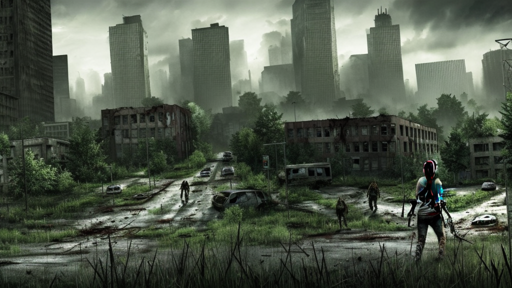 a deserted zombie outbreak city, vegetation, post modern, post apocalyptic, the last of us, the walking dead, high definiton, high detail, ultra realistic, high quality, hyper realistic, 4 k uhd,