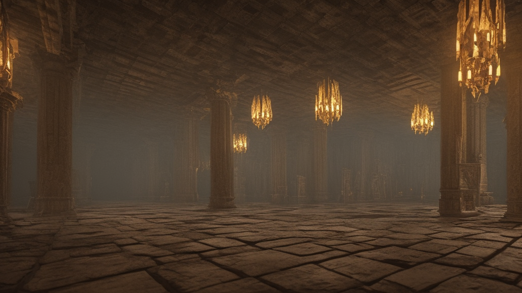 ruins of a fantasy dwarven hall interior in the style of Lord of the Rings, very tall columns, wet floors, high ceiling, dark moody lighting, foggy atmosphere, bright colors, photo by Peter Jackson Dylan Cole and Denis Villeneuve, low angle view, octane rendering