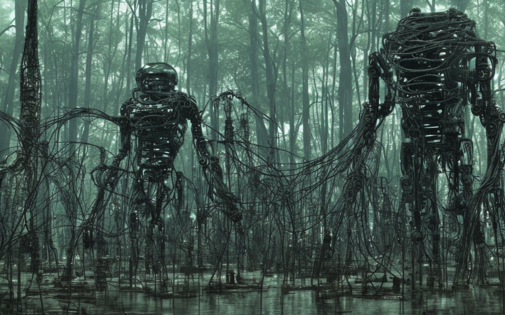 Ancient technomancer temple in a Swamp full of trees made out of thousands of wires and pipes, Large Robot approaching, film still from Aliens by James Cameron