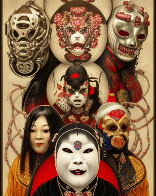portrait of slipknot band, upper half portrait, decorated with chinese opera motifs, asian, bian lian, traditional chinese art, intricate, elegant, highly detailed, symmetry, digital painting, artstation, concept art, smooth, sharp focus, illustration, art by artgerm and greg rutkowski and alphonse mucha, 8 k