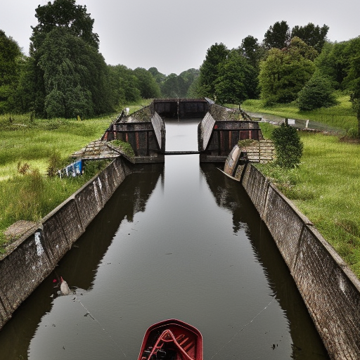 dark medieval wide straight river lock with 2 sluices, water levels, lock gates, one house, rocks, Warhammer fantasy, summer, bushes, trees, nets, fishing, fish, water-lily, boat, poor, black adder, muddy, puddles, misty, overcast, Dark, creepy, grim-dark, gritty, detailed, realistic, illustration, high definition