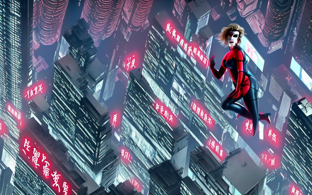 realistic scarlett johansson falling from the sky, ghost in the shell, futuristic city on fire, with neon billboards of english and chinese characters, flying cars


