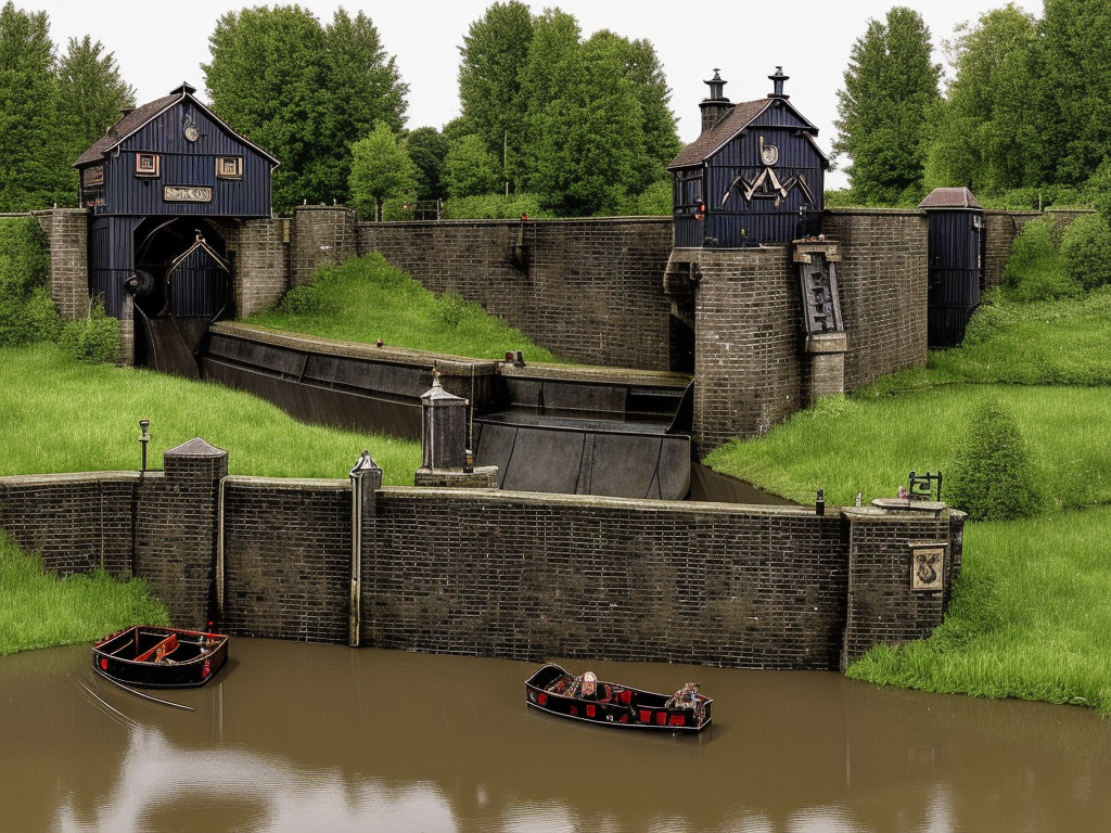 Dark medieval wide big river lock with two sluices, water levels, lock gates, one house, Warhammer fantasy, rocks, summer, bushes, trees, nets, fishing, fish, water-lily, boat, poor, black adder, muddy, puddles, misty, overcast, Dark, creepy, grim-dark, gritty, detailed, realistic, illustration, high definition