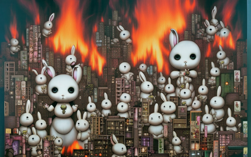 mark ryden ghost in the shell city on fire being attacked by giant bunnies
