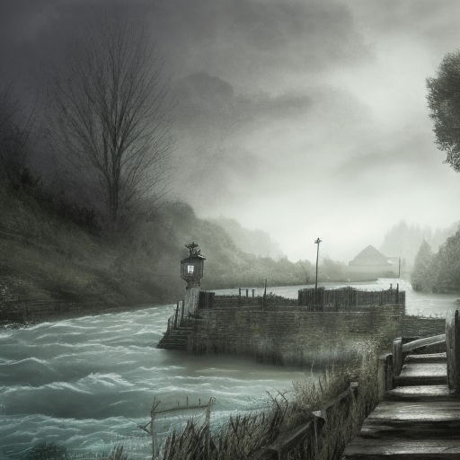 dark medieval wide river, rocky rapids, river lock with two sluices between island and shore, two water levels, Warhammer fantasy, house, summer, trees, fishing, nets, black adder, misty, overcast, Dark, creepy, grim-dark, gritty, Yuri Hill, hyperdetailed, realistic, illustration, high definition
