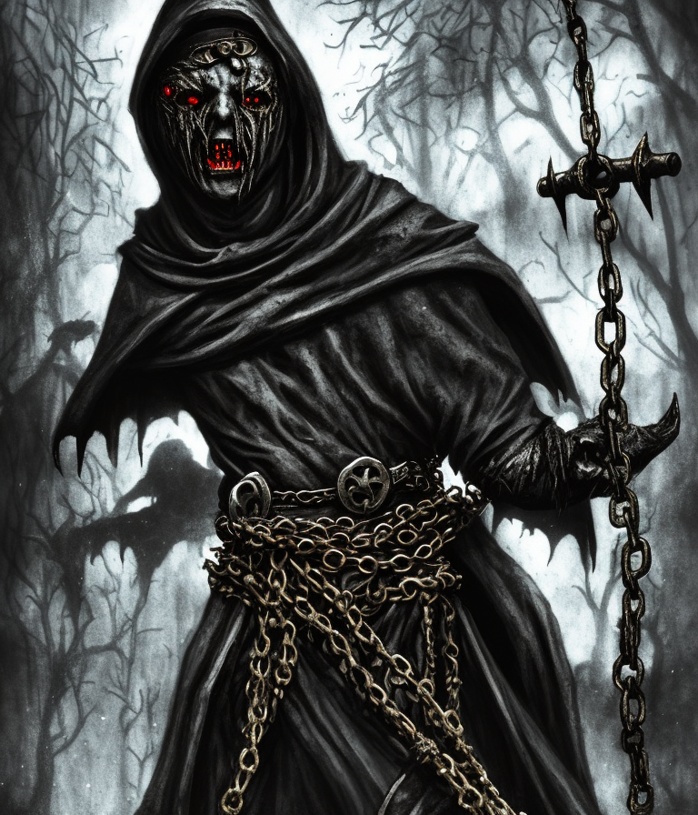 sorcerer of Belakor in black hood in medieval dark alley, evil book, belt made from chains, soot-covered face, iron nails, black shadow magic, Warhammer fantasy, creepy, grim-dark, gritty, realistic, illustration, high definition