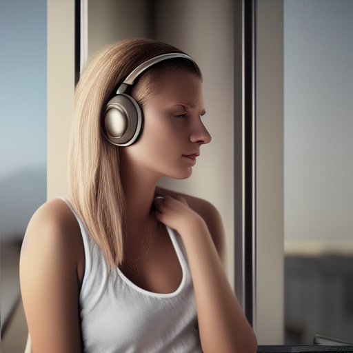 gorgeous young Swiss girl sitting by window with headphones on, wearing a tanktop, soft lips, beach blonde hair, octane render, unreal engine, photograph, realistic skin texture, photorealistic, hyper realism, highly detailed, 85mm portrait photography, award winning, hard rim lighting 