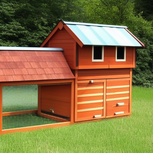 beautiful chicken coop, modern, made of natural  maple, surrounded by lush forest, realistic