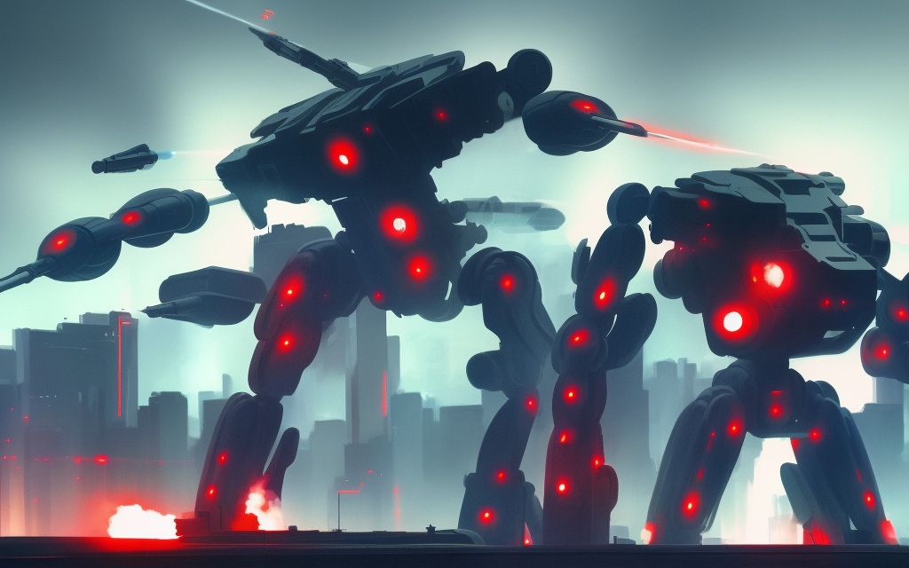 realistic large mech with red stripes firing missiles, ghost in the shell city, mech with blue edges on fire

