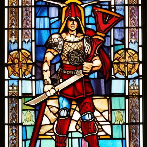 dark medieval, young evil satanic gladiator holding sword, Warhammer fantasy, intricate stained glass, black and red, gold and blue, grim-dark, detailed, gritty