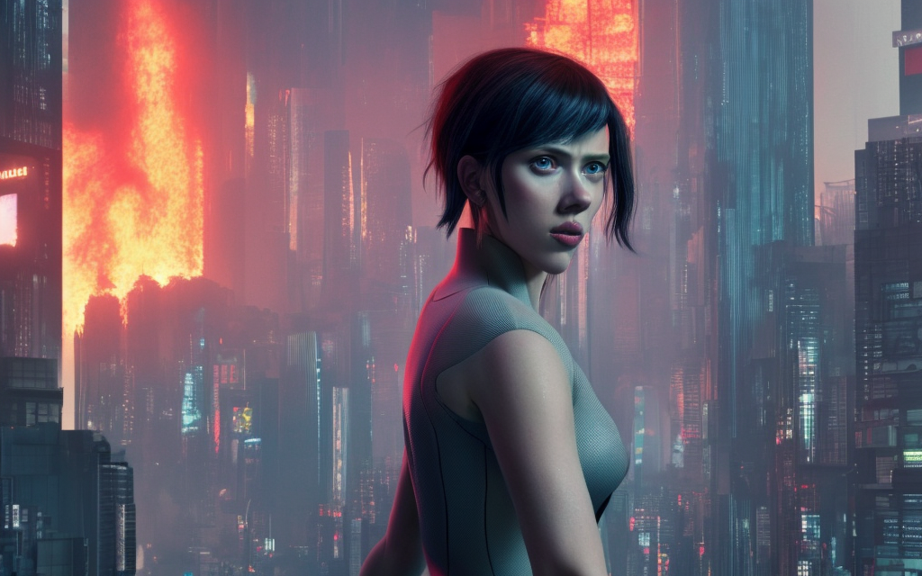 realistic running scarlett johansson character from ghost in the shell, futuristic tower city on fire, neon japanese billboards

