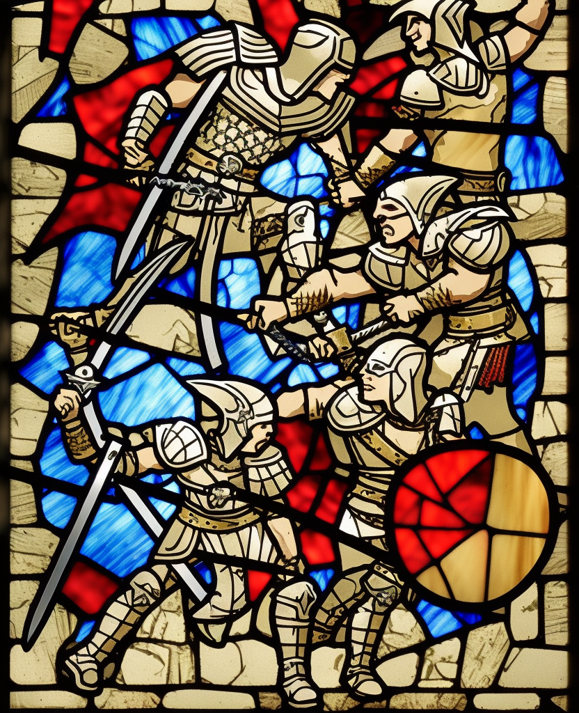 dark medieval, gladiator duel, triumphant young evil gladiator defeating good gladiator with sword and shield, evil, Warhammer fantasy, stained glass, black and red, gold and blue, grim-dark, gritty