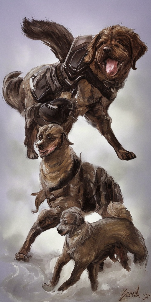 a painting of the First thought: Cerberus, this could be a good dog, a dog that is sometimes a bit much, but a good dog, that could be him. 

Second thought: tank, sword, war culture – the whole thing that forces me to run around fully armored.

Third thought: ZERRRRBERUS is one, as I am, one of the youngsters who had a sword pressed into their hands without being asked.

Thought gap: Breath

Fourth thought: OOOO ZERRREBERUSSS, the great Hades, who is basically the same as us, only appears big and strong on the outside.

Thought gap: Schnauf Schnauf

Fifth thought: Let's be honest: He doesn't appear like that anymore, he lets himself appear, uses as figures who, without having to show himself, play his stronger, greatness.
