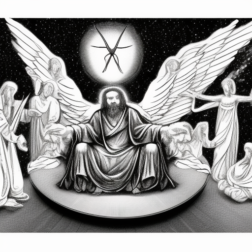 god on his throne in the middle of the universe with several people in front of him, and angels flying black and white pencil illustration high quality