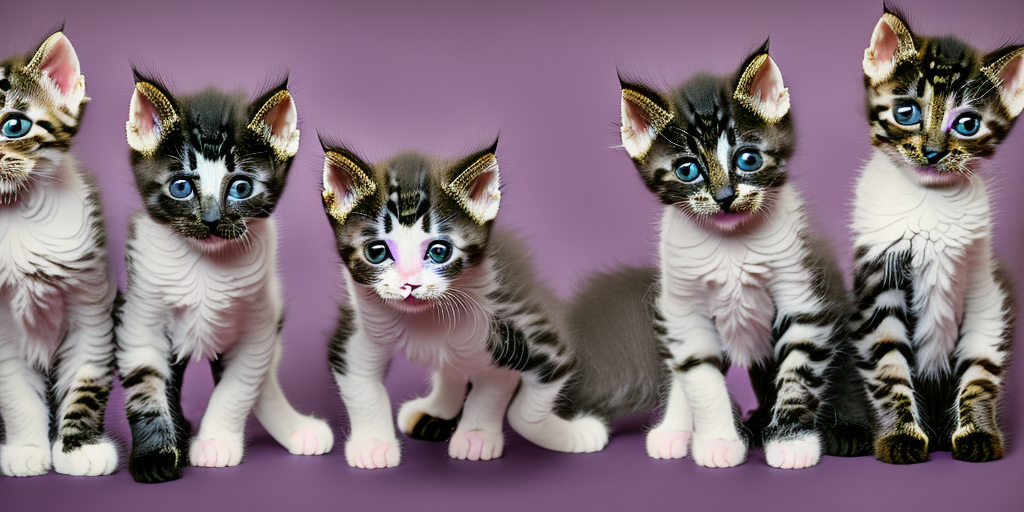 three kittens in black t-shirts are filming a movie on a purple background