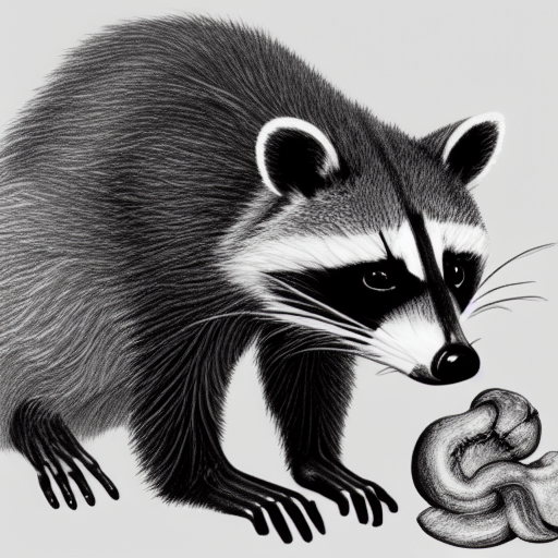A raccoon eating a cashew black and white pencil illustration high quality