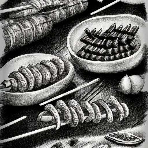  black and white pencil illustration high quality Create an artwork featuring various skewered meat snacks