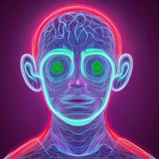 A humanoid Face with a complex intertwined network of emotions such as loneliness and isolation, anxiety, heavy thinking, Aggressiveness, Sorrow that's a heavy burden for the person. The background is a virtual universe of a chaotic landscape of swirling and distorted shapes glowing neon hue shade colours of the colour spectrum within a deep void.