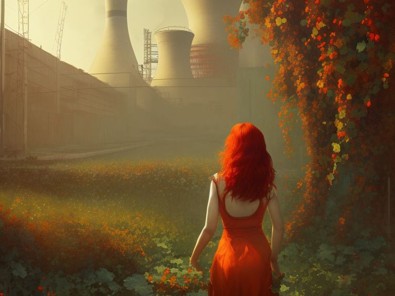 red hair girl, chernobyl powerplant, rubble, flowers, vines, hyperrealistic, highly detailed, cinematic, single ray of golden sunlight, beautiful, cgssociety, artstation, 8 k, oil painting by greg rutkowski, by artgerm, by wlop
